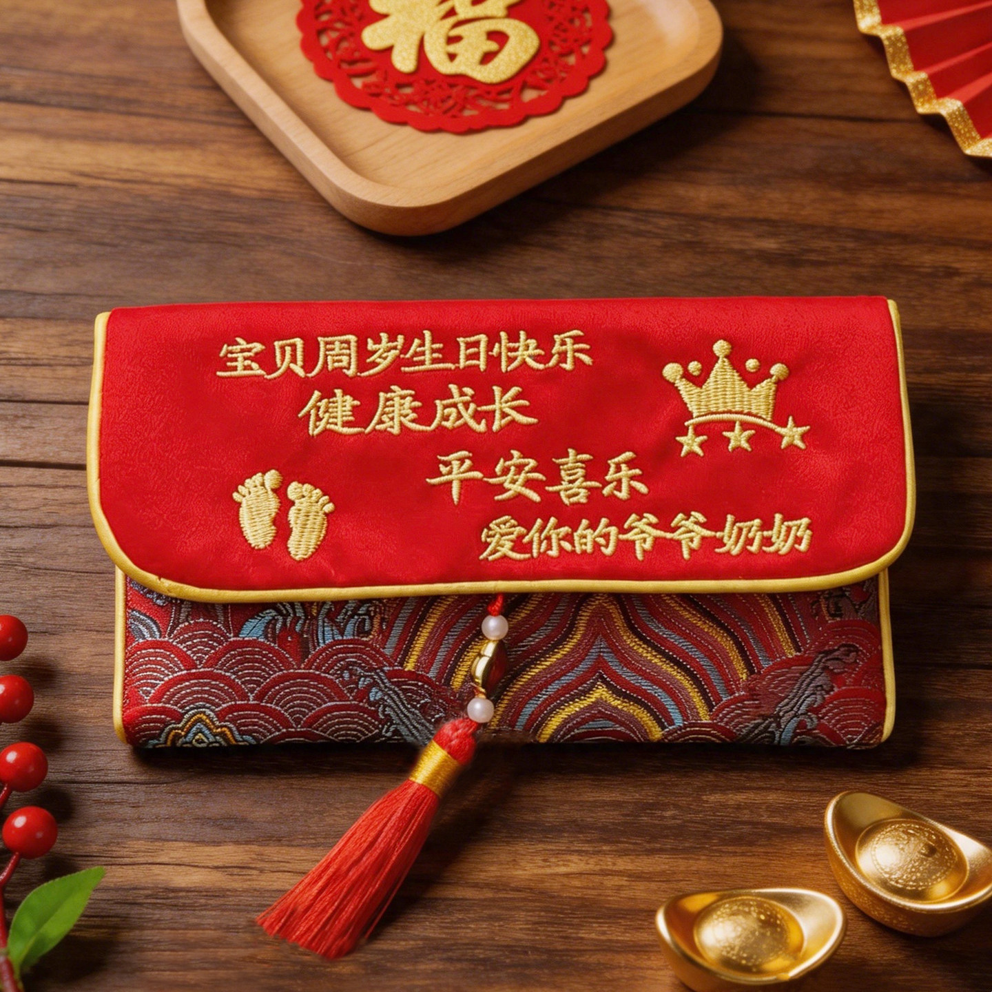 新款周岁满月布艺红包外孙子女小孩过生日中国风利是封包袋可定制