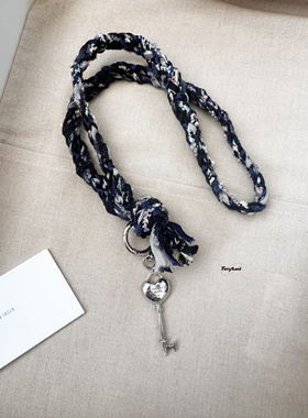 原创深牛仔蓝小香风编织绳结混搭爱心钥匙包包挂件项链流浪风挂饰