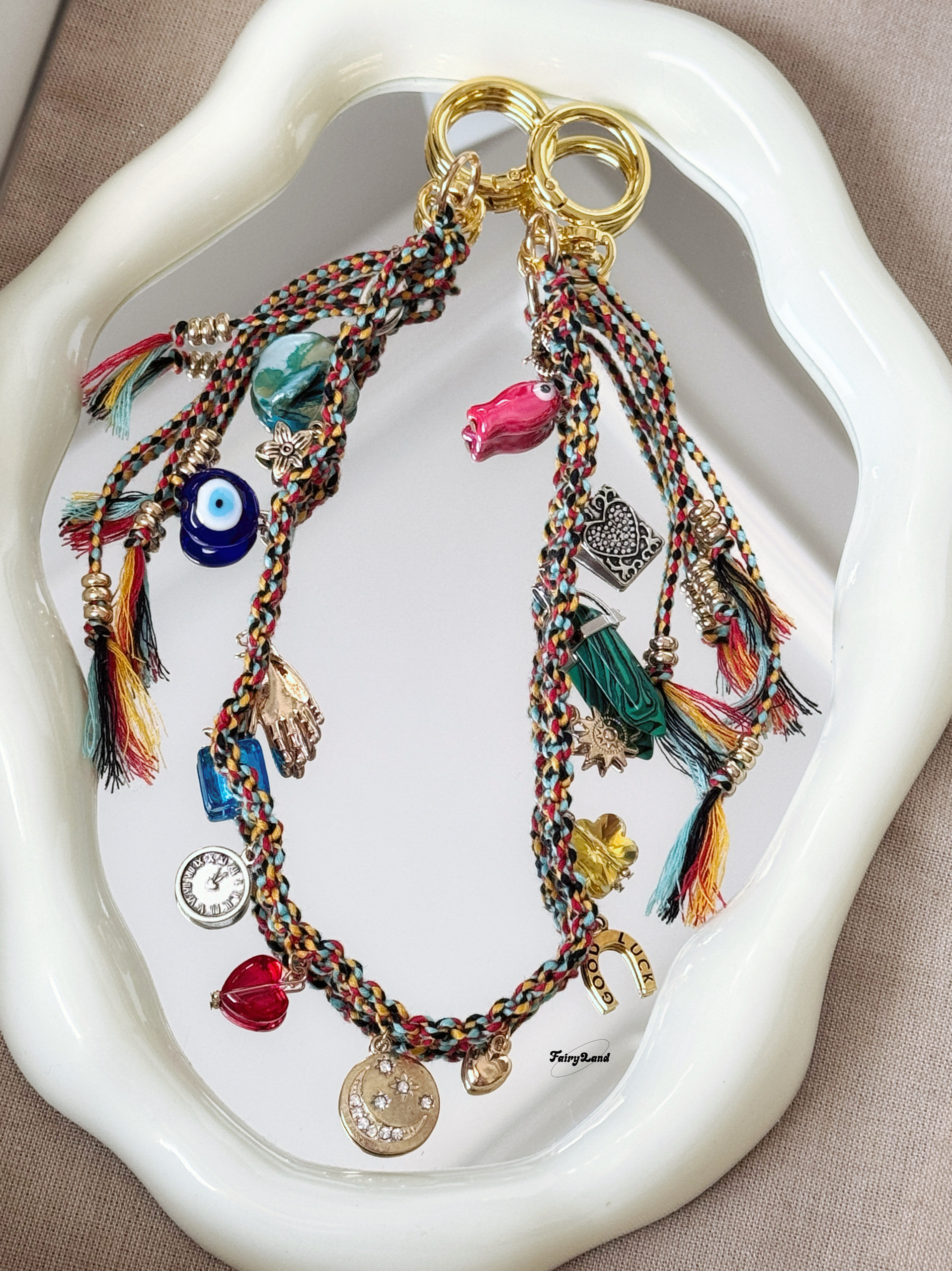 复古流苏波西米亚风多元素包包挂链彩色编绳宝石度假风挂件手机链