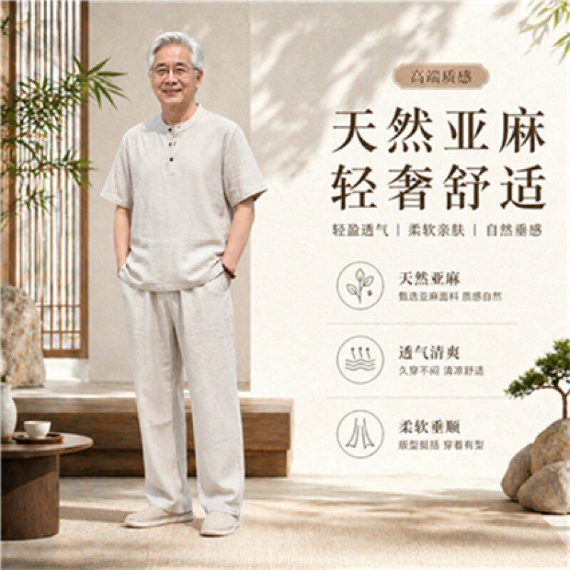 爸爸棉麻套装唐装男士短袖衬衫夏装中老年爷爷亚麻衣服透气两件套