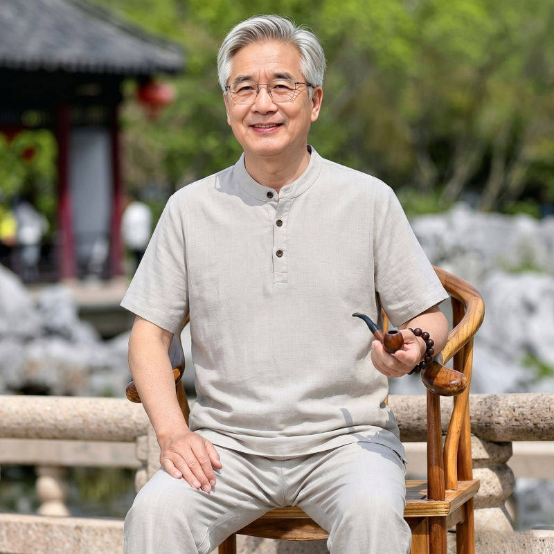 父亲节棉麻套装唐装男士短袖衬衫长裤夏装中老年爷爷亚麻衣服裤子