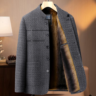 秋冬新款 60爸爸装 中年男士 夹克加绒加厚毛呢保暖外套男40 男装