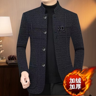 中山装男装秋冬加绒加厚毛呢爸爸上衣中老年人夹克扣子休闲外套男