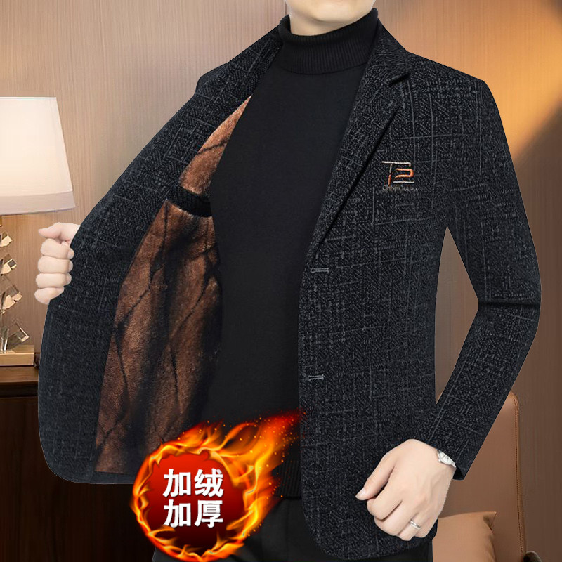 新款冬季加绒加厚西装保暖商务休闲西服中年男士平驳领单西外套