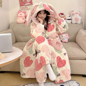 珊瑚绒睡衣女款秋冬季三层夹棉加厚加绒长款可外穿睡袍家居服套装