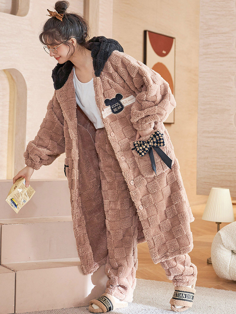PAJAMAS WOMENS AUTUMN WINTER CORAL VELVET DRESSING GOWN PILE THICKENED 2024 NEW FLANNEL LOUNGEWEAR SET LONG
