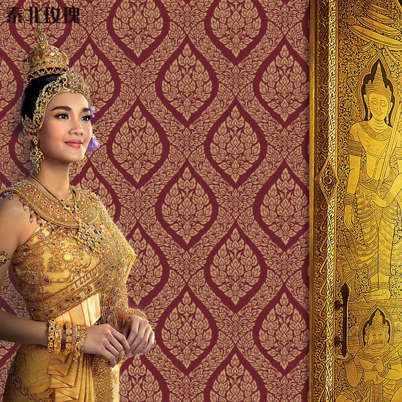 定制泰式风情壁纸复古东南亚风格spa按摩店客厅卧室房间背景墙纸