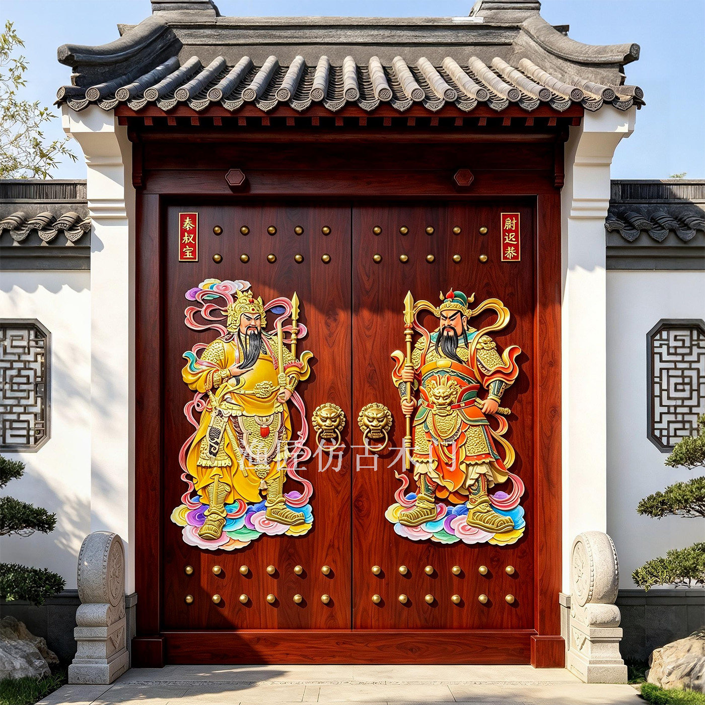彩绘门神雕刻实木大门四合院木门祠堂菠萝格门中式庭院别墅双开门 - 实物图