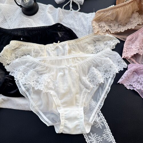 【100-140斤】D2478#小裙边~可爱植绒蕾丝网纱性感高开叉女内裤