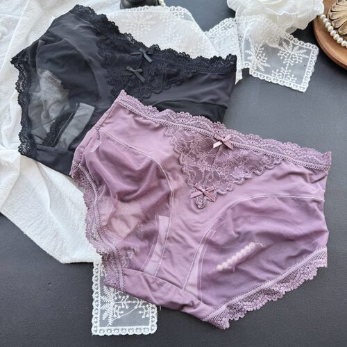 【90-125斤】c6805#法式温柔~冰丝蕾丝边网纱舒适包臀中腰女内裤