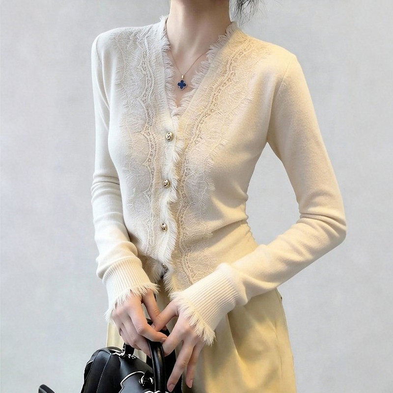法式v领白色毛边蕾丝针织开衫女秋冬季设计感修身内搭打底衫上衣