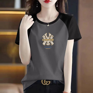 撞色短袖 宽松通勤风圆领套头减龄上衣 T恤女大码