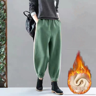 外贸出口大牌清仓秋冬季加绒宽松休闲裤女时尚撞色全棉运动卫裤潮
