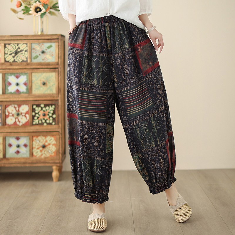 复古宽松印花棉麻灯笼裤女春夏民族风松紧腰显瘦哈伦裤气质休闲裤