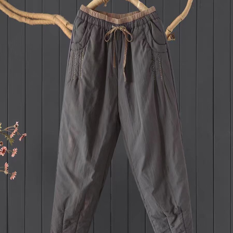 文艺宽松显瘦撞色夹棉加厚哈伦裤女减龄气质小脚裤加棉保暖长裤冬