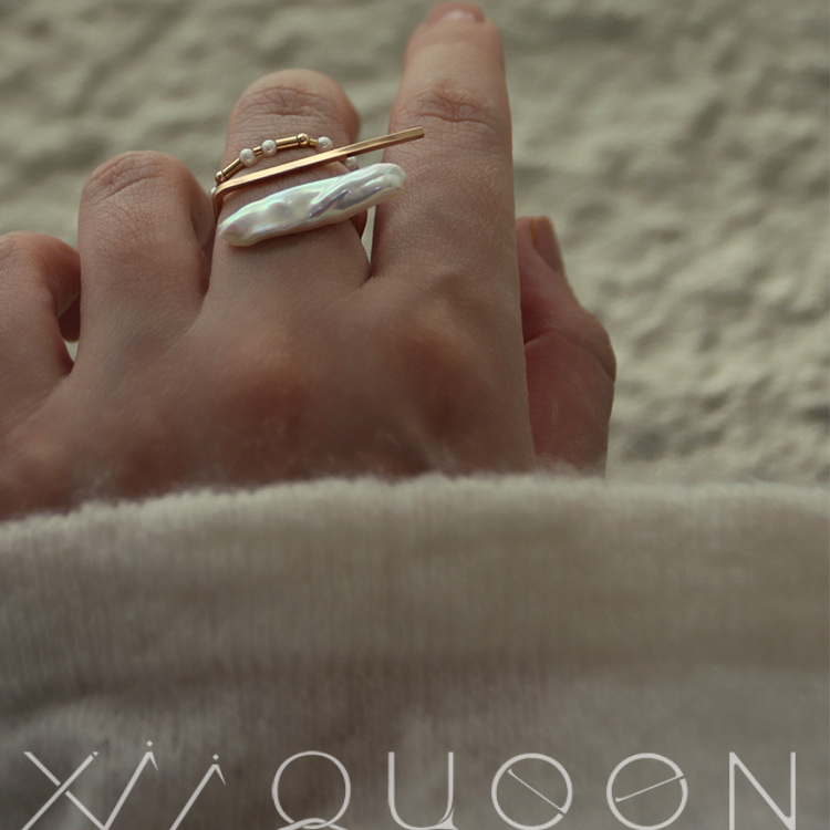 Xii原创美国14k包金设计师款巴洛克珍珠戒指女轻奢小众叠戴开口戒