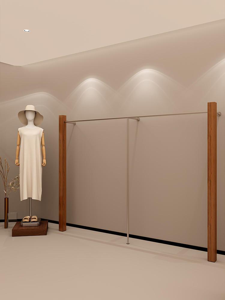 服装店高档落地展示架不锈钢木质女装店货架挂衣架中岛侧挂陈列架