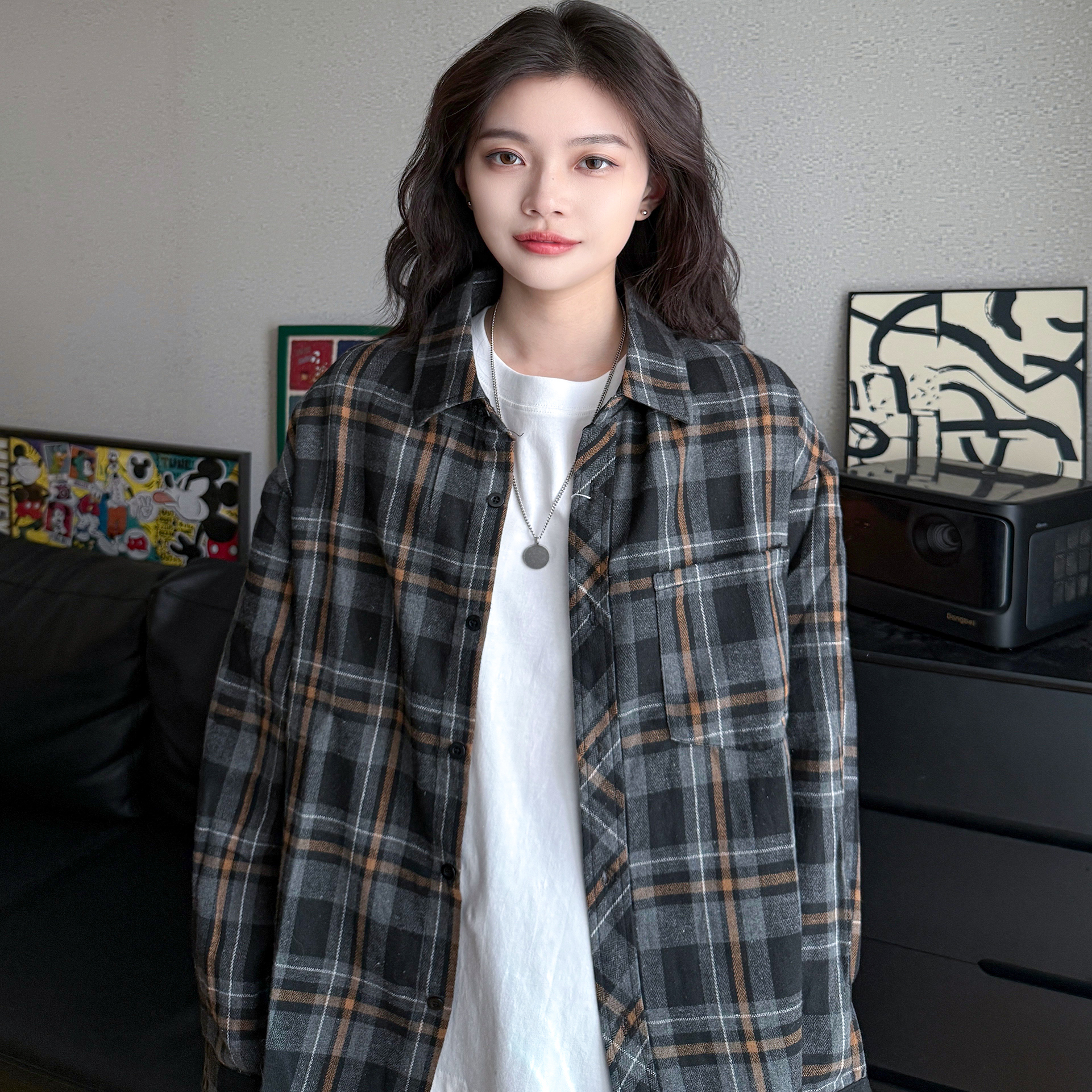 ALKE 复古格子翻领内搭长袖衬衫宽松高智淡人风百搭外套 男女情侣