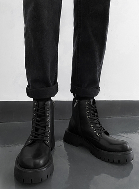 ALKE 拉链厚底增高鞋靴高帮帅气系带鞋韩版机车马丁靴男女情侣款