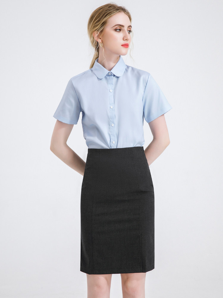 职业蓝色圆领衬衫女夏新款工装工作服公务员教师面试正装套装衬衣