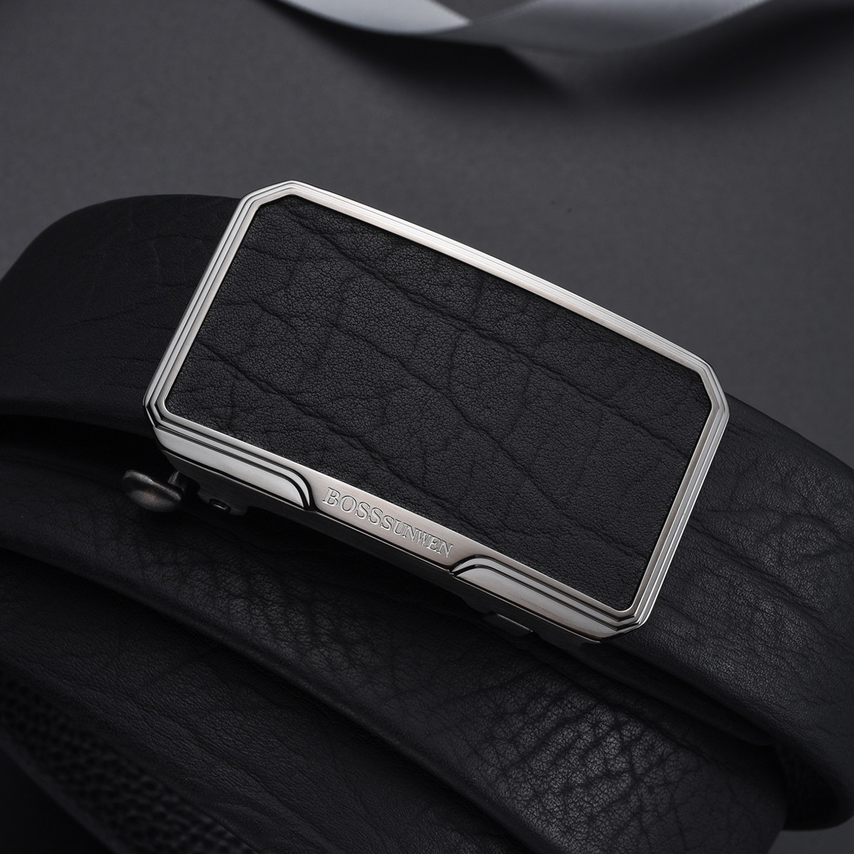 BOSSSUNWEN不锈钢内扣轻奢头层牛皮自动扣皮带男真皮内穿宽版腰带