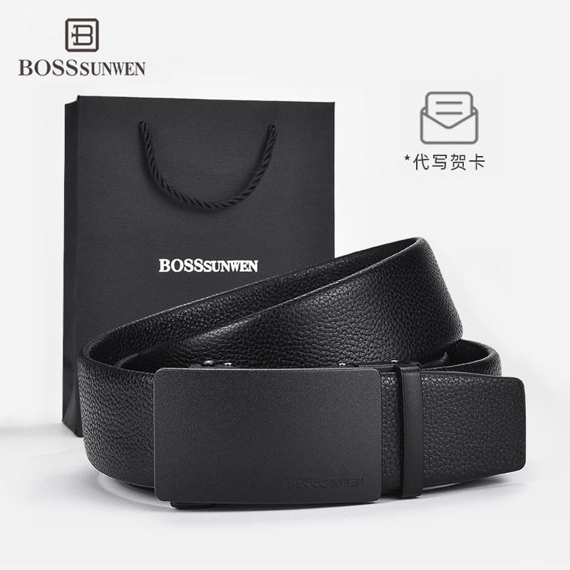 BOSSSUNWEN高档年轻男士皮带真皮头层牛皮自动扣简约休闲腰带裤带