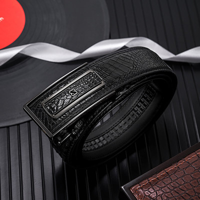 BOSSSUNWEN轻奢鳄鱼皮真皮内穿皮带自动扣高档男士腰带内扣礼盒装