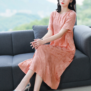 粉色连衣裙女高级感法式 高端气质遮肚铜氨丝微胖裙子 夏季 2025新款
