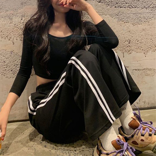 美式复古条纹运动裤男女春
