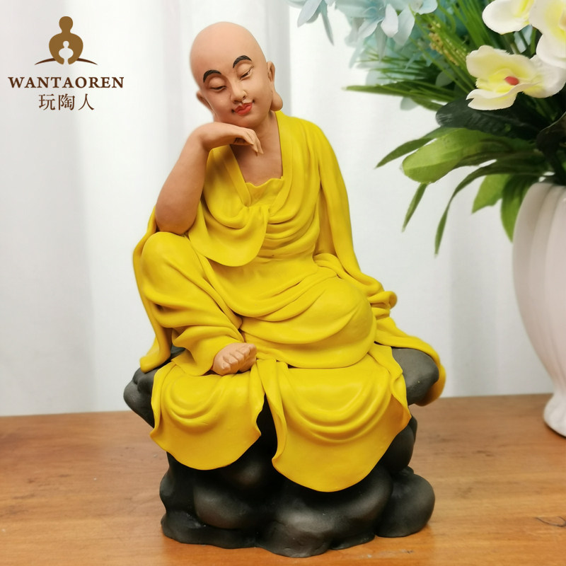 玩陶人泥塑十八罗汉-沉思罗汉传统泥人面塑佛像神像来图定制收藏