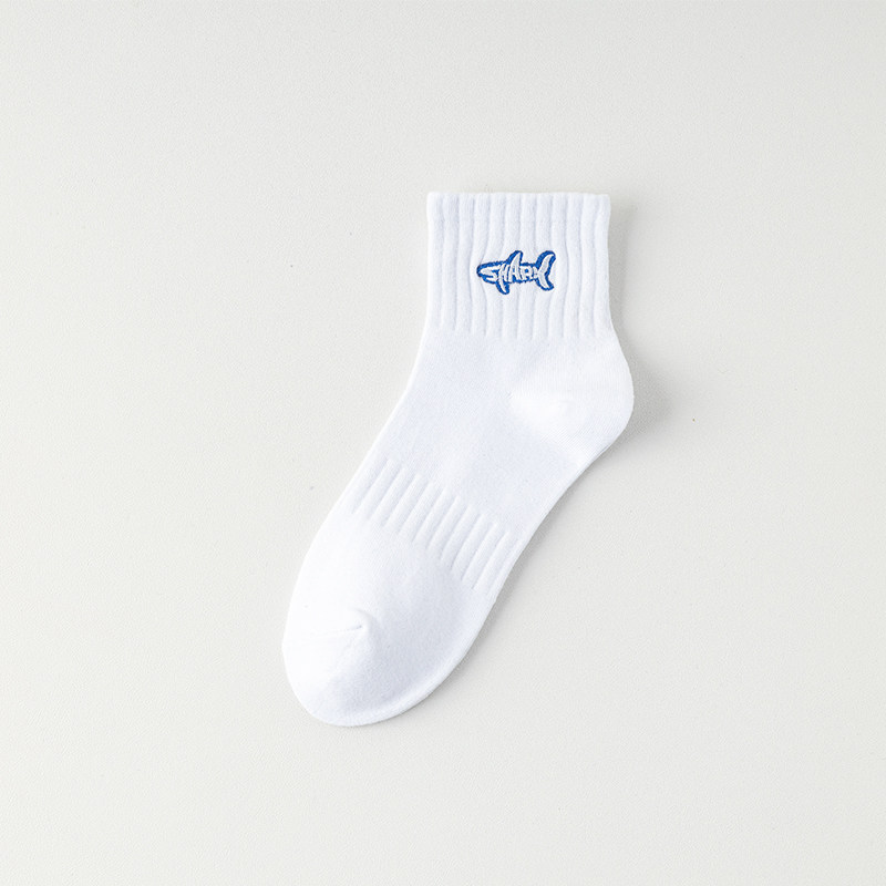 Sports Style Versatile Cotton Socks, White Men's Short Socks, Cotton Spring and Summer Regular Style, Men's Embroidered Mid-Calf Anti-Odor Student Socks