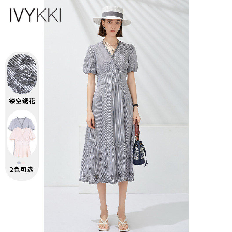 IVYKKI艾维奥莱2024夏季新款专柜同款修身泡袖V领连衣裙优雅时尚