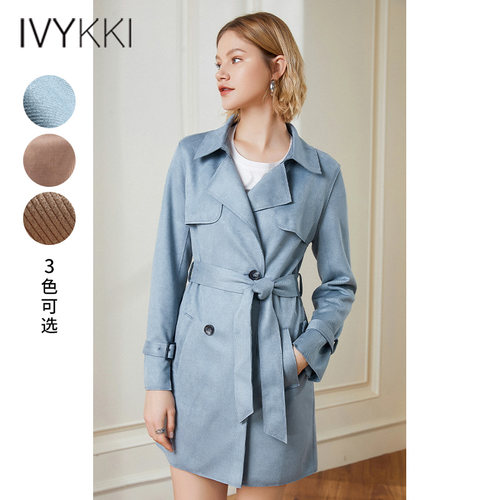 IVYKKI艾维风衣外套女新款春夏中长款法式英伦风麂皮大衣