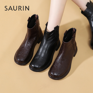 索兰切尔西靴女2025冬季新款复古显瘦短靴圆头粗跟靴子25DT45528