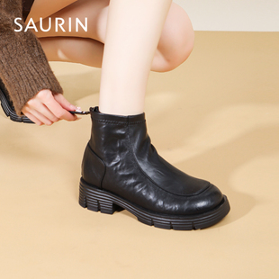 索兰厚底短靴女2025秋冬新款复古百搭切尔西靴增高瘦瘦靴25DX6526