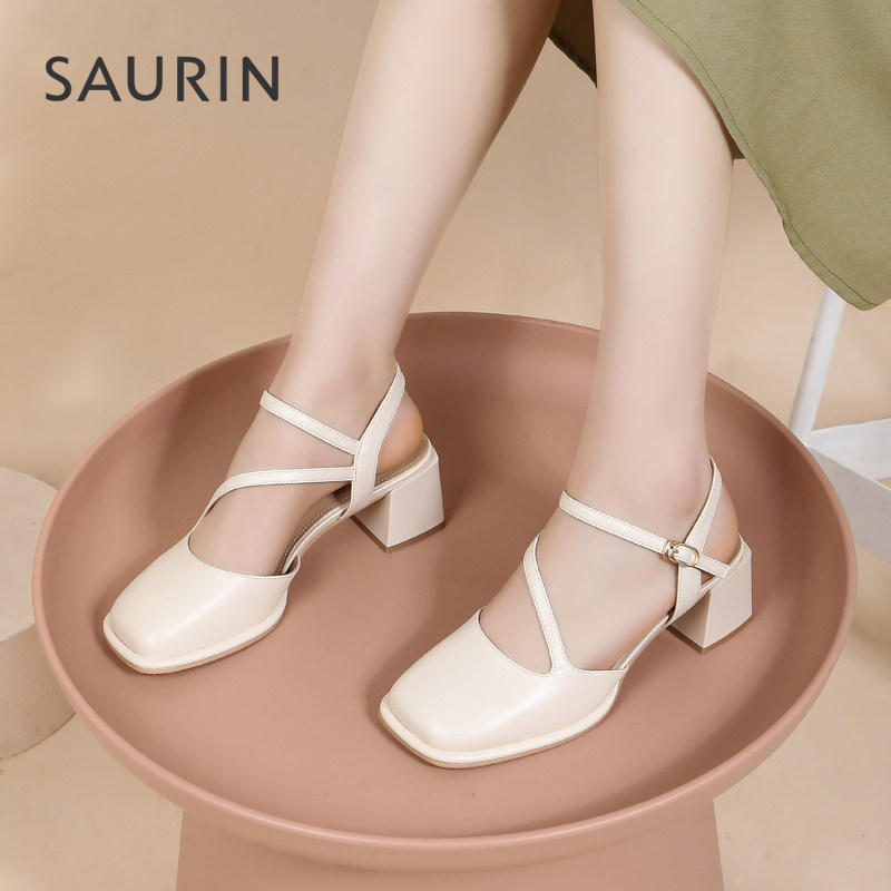 索兰女鞋2023春季新款复古玛丽方头一字扣带粗跟中空单鞋23at8408