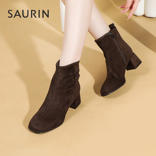 索兰短靴女2025秋冬新款复古时尚瘦瘦靴方头粗跟时装靴25DT39515
