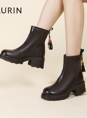 索兰厚底短靴2025秋冬新款时尚百搭小个子增高粗跟瘦瘦靴25DT6512