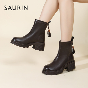 索兰厚底短靴2025秋冬新款时尚百搭小个子增高粗跟瘦瘦靴25DT6512