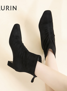 索兰显瘦弹力靴女2025秋冬新款黑色尖头短靴粗跟瘦瘦靴25DH39516