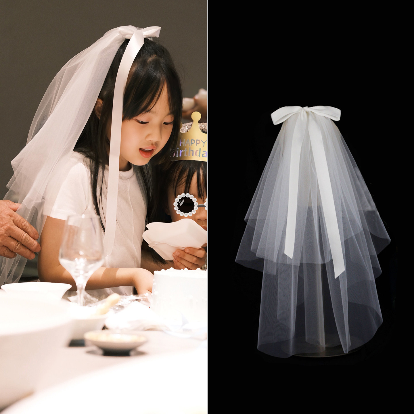 儿童头纱白色蝴蝶结公主女宝宝短发头饰品生日高级感拍照道具花童