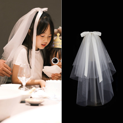 儿童头纱白色蝴蝶结公主女宝宝短发头饰品生日高级感拍照道具花童