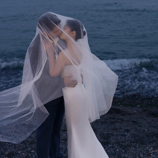 韩国水晶高透纱新娘主婚纱短头纱软纱素纱裸纱长拖尾婚礼拍照道具