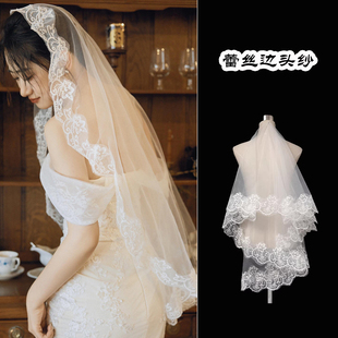领证登记求婚订婚蕾丝花边头纱法式复古新娘结婚头饰盖头拍照道具