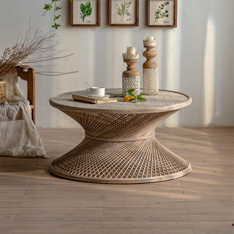 侘寂风简约艺术入户藤编木茶几客厅木圆形创意民宿酒店大堂边几桌,住宅家具,茶几,淘宝优惠券,粉丝福利购,淘宝优惠卷