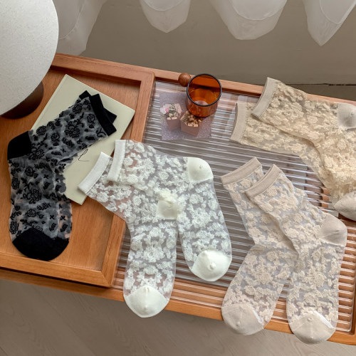 袜子女卡丝丝袜薄款夏季棉底吸汗透气春夏中筒袜子复古小花女士袜
