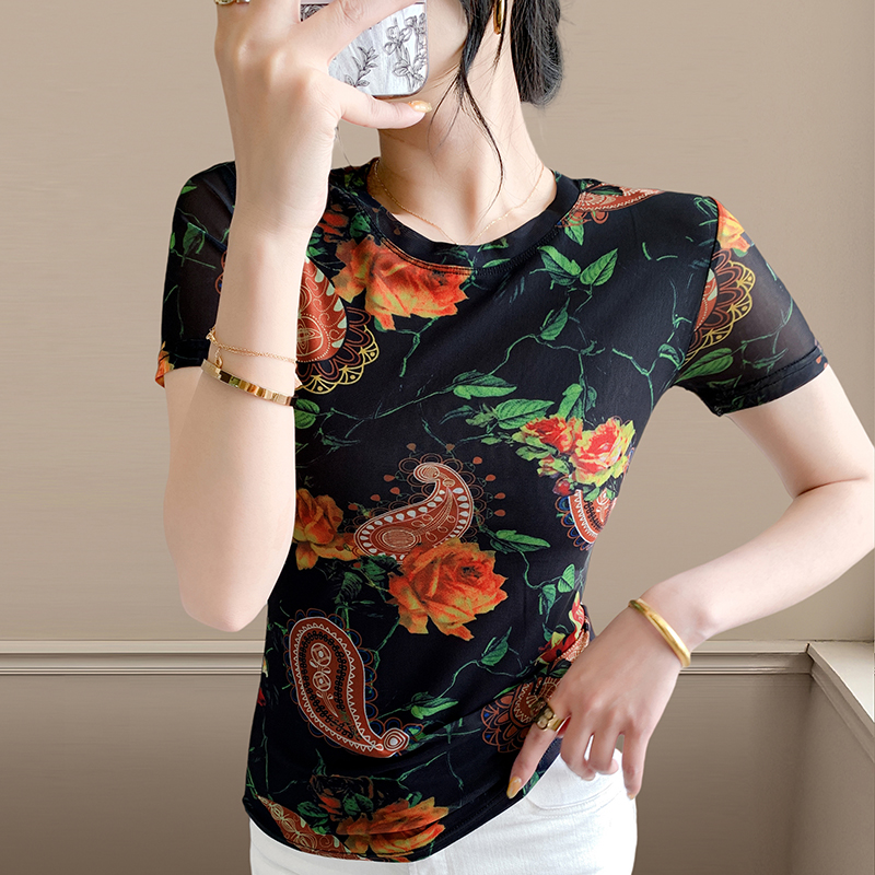 网纱印花圆领短袖T恤女士黑色薄纱衣小衫妈妈夏季高级感气质上衣