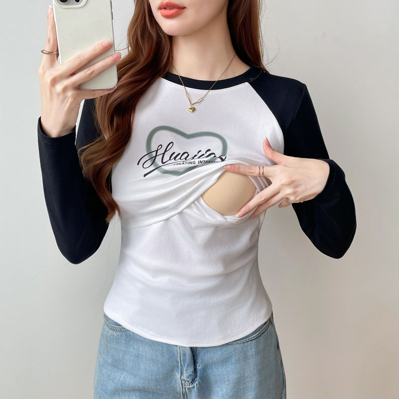 春秋纯棉插肩袖上掀哺乳衣产后长袖T恤外穿爱心字母月子喂奶上衣