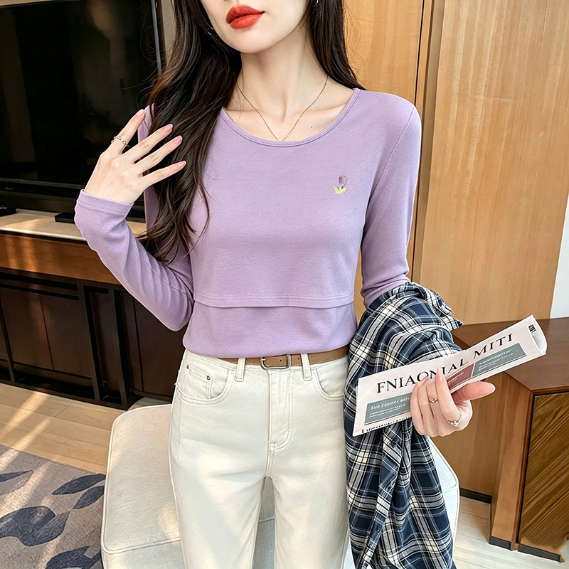紫色上掀式哺乳T恤产后妈咪纯棉长袖打底衫春秋季月子期喂奶上衣
