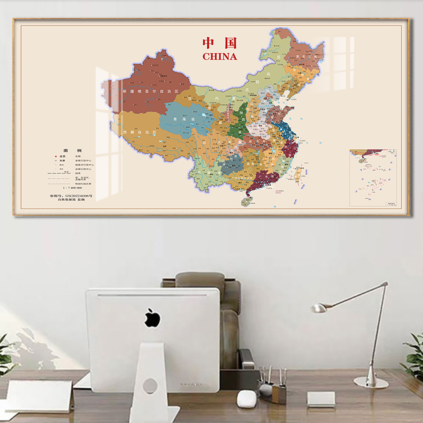 现代简约中国世界地图挂画办公室客厅沙发背景墙画磁吸标记装饰画